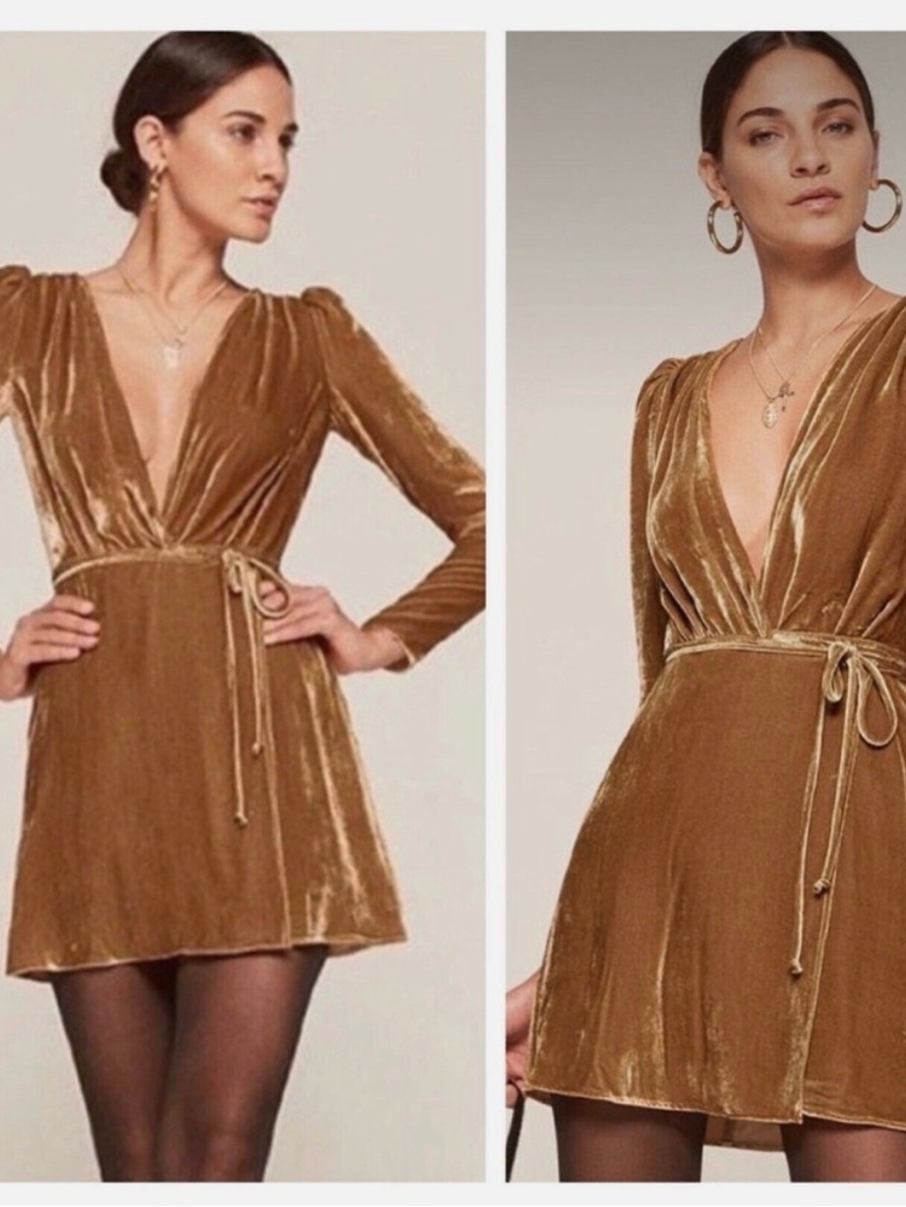 REFORMATION Velvet Wrap Mini Dress in Camel